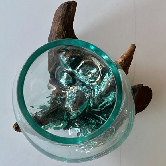 Handmade Art Glass Wood Vase Blown Molten Glass Bowl Teak Base Terrarium NEW - Picture 7 of 16